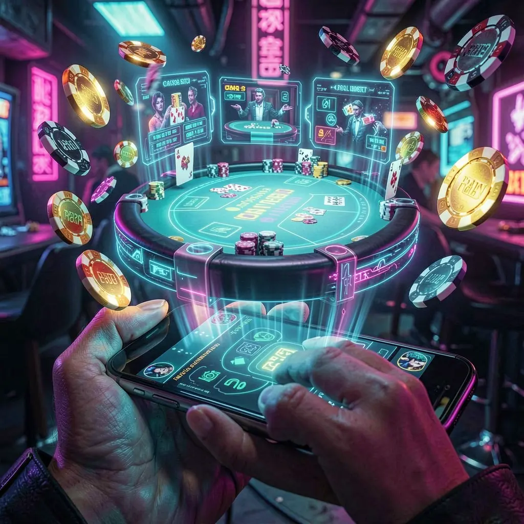 Bright blue holographic casino chips floating above a smartphone showing the F11 mobile casino app in a modern digital gaming scene