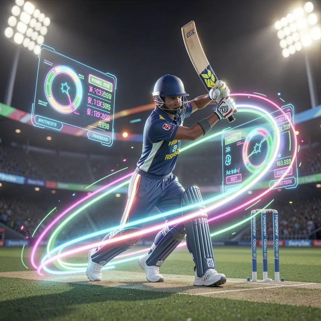 Dynamic cricket betting scene with a glowing player silhouette and floating bet slips inside a modern stadium representing F11 sports betting in Bangladesh