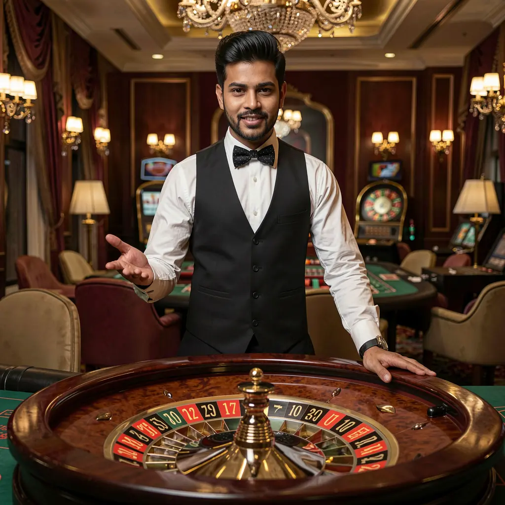 Elegant live casino dealer standing beside a roulette table in a luxury studio representing the premium live gaming experience of F11 Casino in Bangladesh