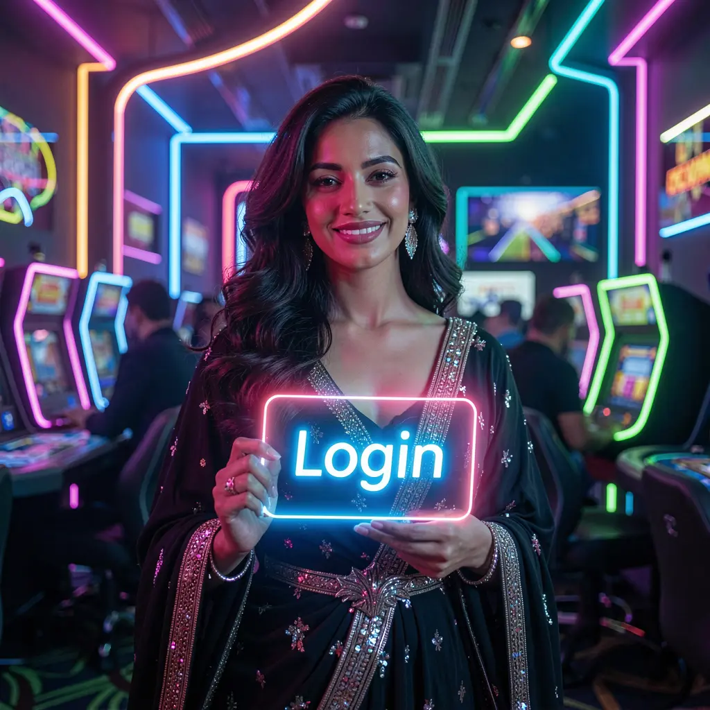 Elegant Bangladeshi woman holding a glowing login card in a luxurious casino setting representing secure access to the F11 gaming platform